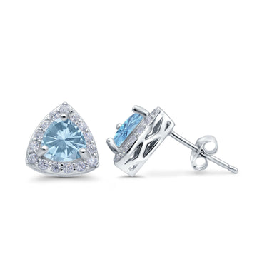 Halo Stud Earrings Simulated Aquamarine CZ Round 925 Sterling Silver(8mm)